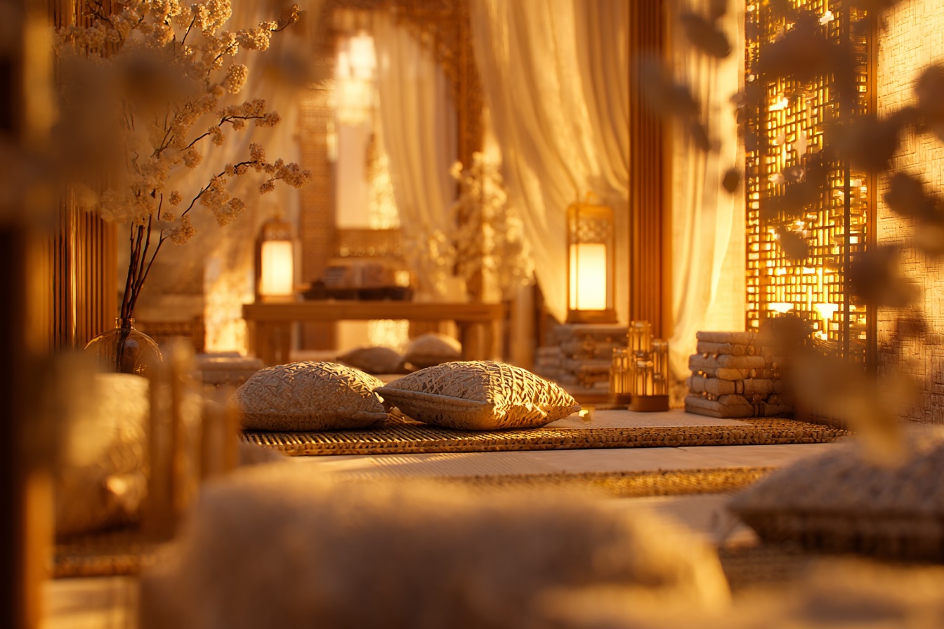 hyper realistic, elegance beige and gold dominance massage space, warm and inviting atmosphere. A softly lit room filled with rich, layered textures: embroidered cushions, flowing silk textiles, and low seating arranged around a tatami-style floor prepared for a serene massage ritual. The color palette is dominated by soft beige tones and luminous gold accents, creating a refined and harmonious ambiance. In the distant, softly blurred background, on the tatami floor, a massage is taking place: a female therapist and a female guest. Their figures remain subtle and out of focus, partially obscured by depth of field and foreground elements. The therapist’s posture feels calm, attentive, and professional, with hands placed gently in a natural, respectful way. The scene conveys care and presence, without any suggestive elements. The foreground is dominant: plush cushions, draped fabrics, and layered textiles slightly out of focus, enhancing depth and intimacy. Wisps of incense smoke drift slowly through the air, soft and fluid, catching the warm light and adding a mystical, almost sacred atmosphere. The environment is immersive: warm golden lighting from candles and soft lamps, intricate decorative elements, carved wood, refined brass details, and patterned cushions. Light moves gently across surfaces, creating soft highlights and shadows, evoking tranquility, ritual, and quiet elegance. --ar 3:2 --v 7 Job ID: 26e38d67-8c36-4414-8529-714375e291e4