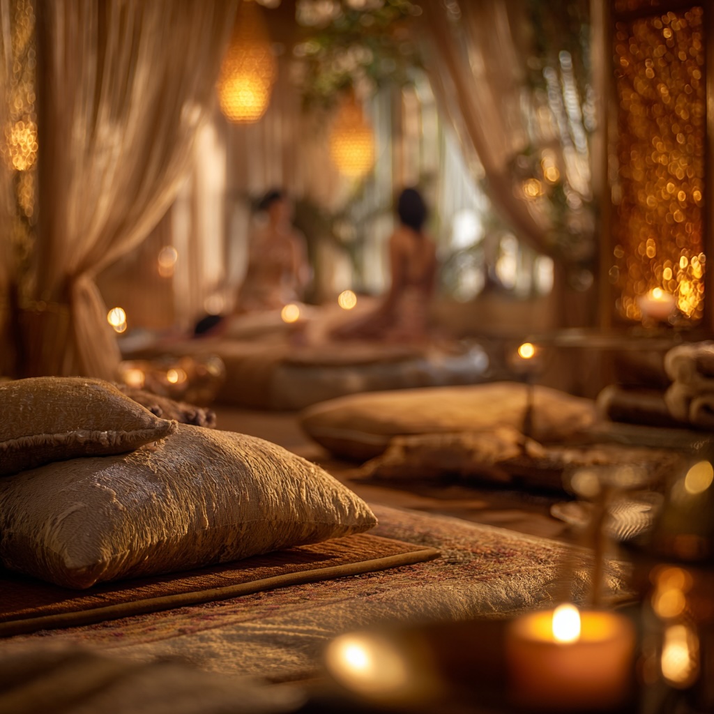 Cinematic film still of a serene elegance beige dominance massage space, warm and inviting atmosphere. A softly lit room filled with rich textures: , embroidered cushions, low seating, and a tatami-style floor prepared for a massage ritual. In the softly blurred background, two women are present: a female therapist and a female guest receiving a massage. Their forms are out of focus, partially obscured by depth of field and foreground elements. The therapist’s posture is calm, attentive, and professional, hands placed gently in a natural, respectful way. The guest is relaxed, lying comfortably on a tatami mat, covered with soft, natural fabric. No suggestive elements. The foreground is dominant: soft cushions, flowing textiles, and layered fabrics slightly out of focus, creating depth and intimacy. The environment is immersive: warm golden lighting from candles and soft lamps, intricate Indian decorative elements, carved wood, brass details, and patterned cushions. Light moves gently through the space, creating soft highlights and shadows across textures. Fine incense smoke drifts slowly in the air, adding a sense of calm and ritual. Textures feel tactile and real: cotton, silk, wood, woven materials warm, grounded, and comforting. Composition is cinematic and layered: strong foreground blur, soft midground, and glowing background depth. Mood: deeply relaxing, safe, luxurious, and immersive a quiet, restorative moment that invites the viewer to step in and experience it. ultra-realistic, cinematic lighting, shallow depth of field, soft glow, warm color grading, 85mm lens, atmospheric haze, film grain, high dynamic range, 8K --v 7 Job ID: ea6029ca-322c-4fcd-b80e-2a1727561353
