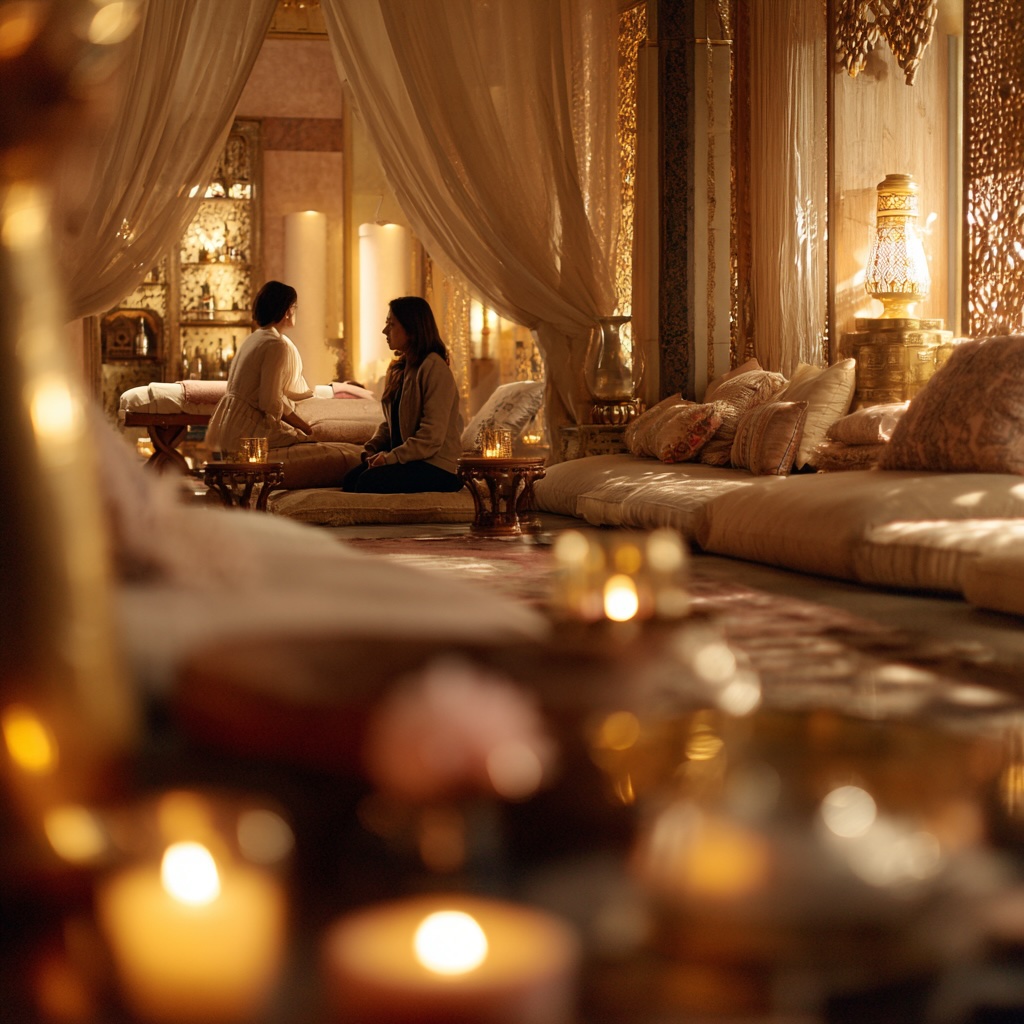 Cinematic film still of a serene elegance beige dominance massage space, warm and inviting atmosphere. A softly lit room filled with rich textures: , embroidered cushions, low seating, and a tatami-style floor prepared for a massage ritual. In the softly blurred background, two women are present: a female therapist and a female guest receiving a massage. Their forms are out of focus, partially obscured by depth of field and foreground elements. The therapist’s posture is calm, attentive, and professional, hands placed gently in a natural, respectful way. No suggestive elements. The foreground is dominant: soft cushions, flowing textiles, and layered fabrics slightly out of focus, creating depth and intimacy. The environment is immersive: warm golden lighting from candles and soft lamps, intricate decorative elements, carved wood, brass details, and patterned cushions. Light moves gently through the space, creating soft highlights and shadows across textures. Fine incense smoke drifts slowly in the air, adding a sense of calm and ritual. Textures feel tactile and real: cotton, silk, wood, woven materials warm, grounded, and comforting. Composition is cinematic and layered: strong foreground blur, soft midground, and glowing background depth. Mood: deeply relaxing, safe, luxurious, and immersive a quiet, restorative moment that invites the viewer to step in and experience it. ultra-realistic, cinematic lighting, shallow depth of field, soft glow, warm color grading, 85mm lens, atmospheric haze, film grain, high dynamic range, 8K --v 7 Job ID: 773b4909-306c-4705-862e-268c46be9907